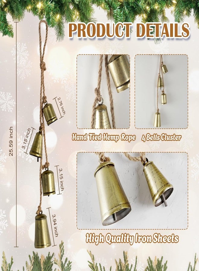 CUPLOOV Gold Bells for Christmas Decorations, Decorative 4 Metal Big Cow Bells on Jute Hanging Rope, Christmas Hanging Rustic Bells for Christmas Tree Garland Wreath Mantel Home Decor - Image 5
